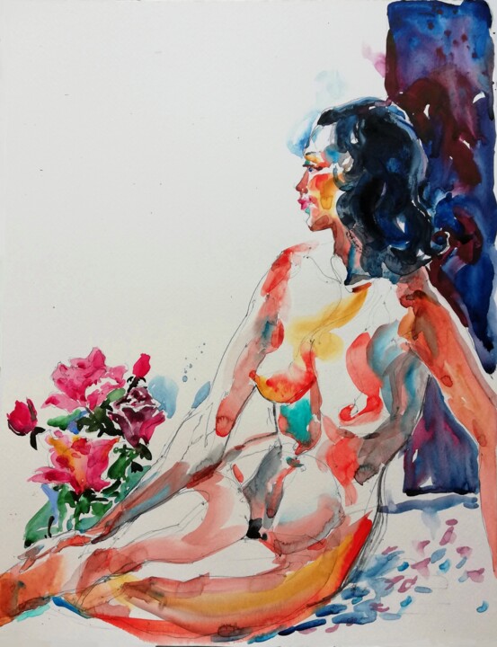Painting titled "Nude with Roses" by Jelena Djokic, Original Artwork, Watercolor