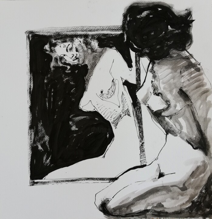 Drawing titled "Nude at Mirror" by Jelena Djokic, Original Artwork, Ink