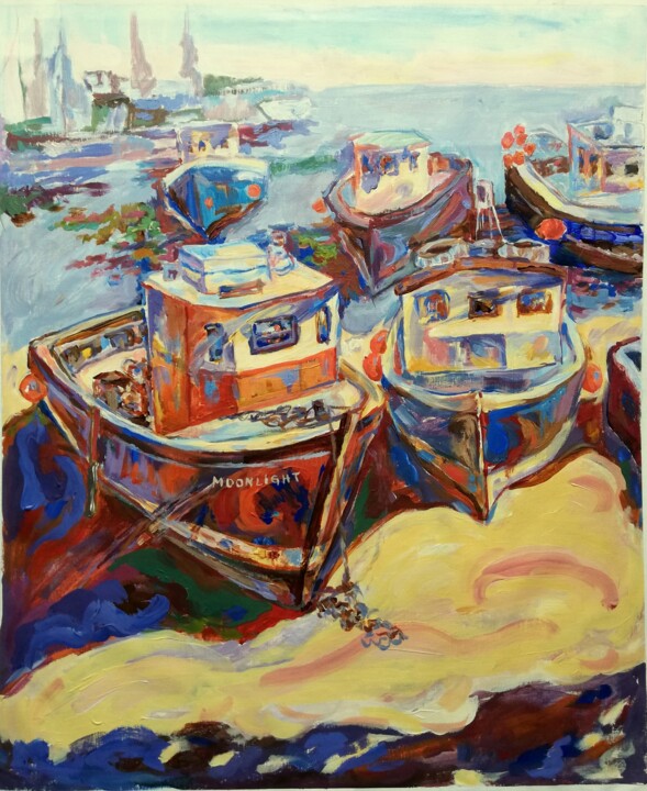 Painting titled "Beach Boats" by Jelena Djokic, Original Artwork, Acrylic