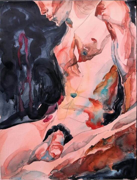Schilderij getiteld "Male Nude X" door Jelena Djokic, Origineel Kunstwerk, Aquarel