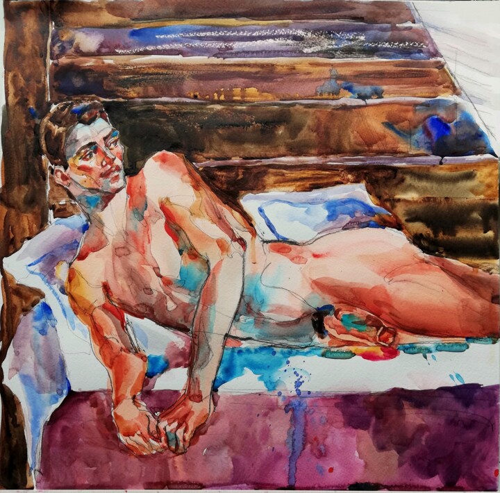 Painting titled "Male Nude in Rustic…" by Jelena Djokic, Original Artwork, Watercolor