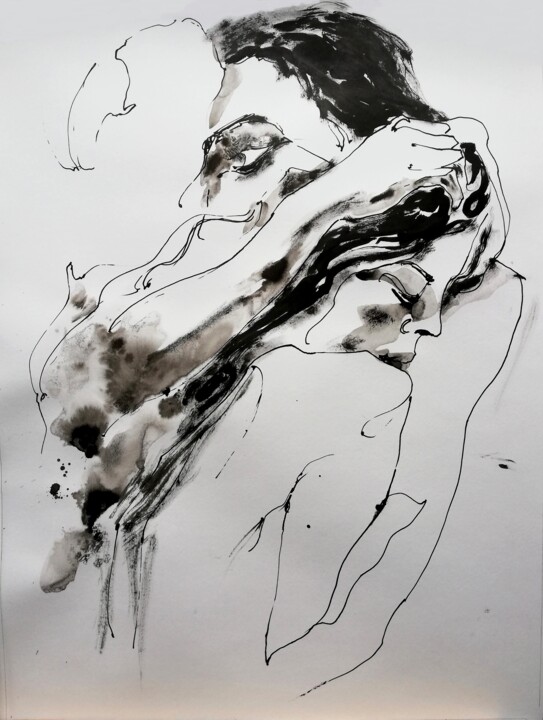 Drawing titled "Lovers Asleep II" by Jelena Djokic, Original Artwork, Ink