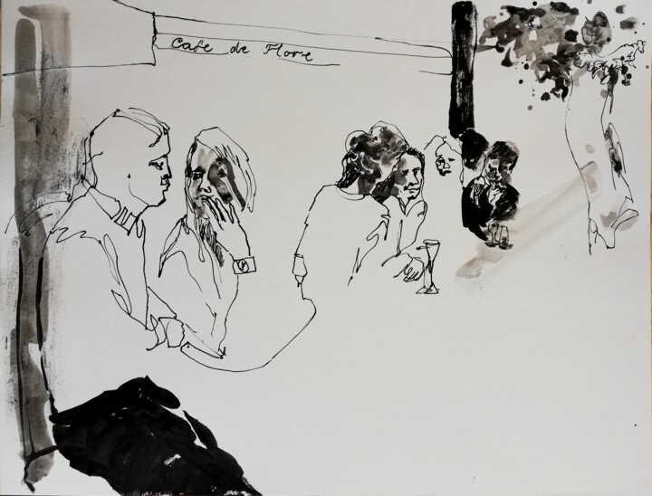Drawing titled "Cafe de Flore" by Jelena Djokic, Original Artwork, Ink
