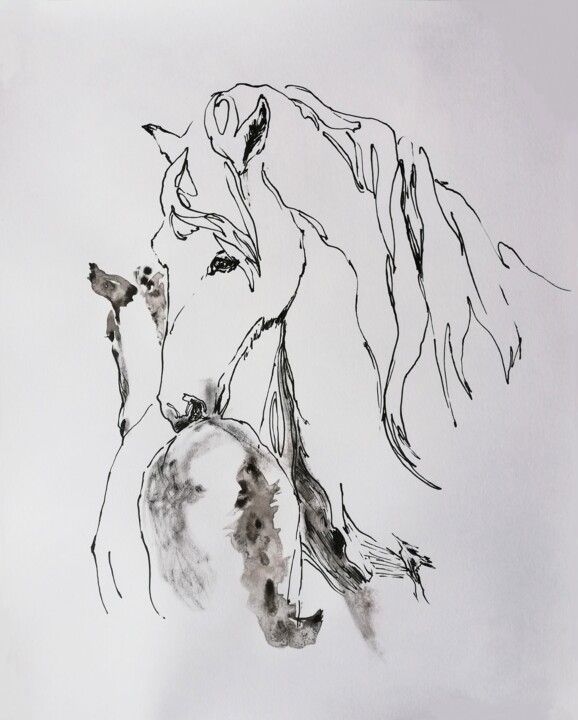 Drawing titled "With Foal" by Jelena Djokic, Original Artwork, Ink