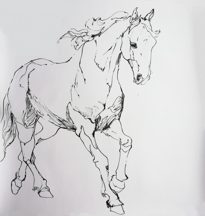 Dessin intitulée "White Horse" par Jelena Djokic, Œuvre d'art originale, Encre