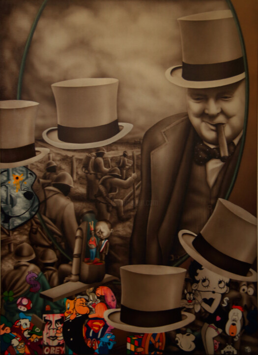 Painting titled "les cinq chapeaux" by Jems Cehes, Original Artwork, Airbrush Mounted on Wood Stretcher frame