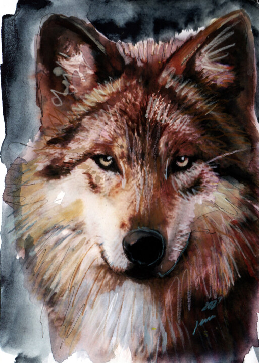 Painting titled "wolf12" by Jena Polak, Original Artwork, Watercolor