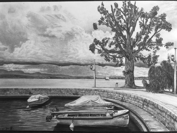 Dessin intitulée "Petit port Eviannais" par Jendrw, Œuvre d'art originale, Graphite