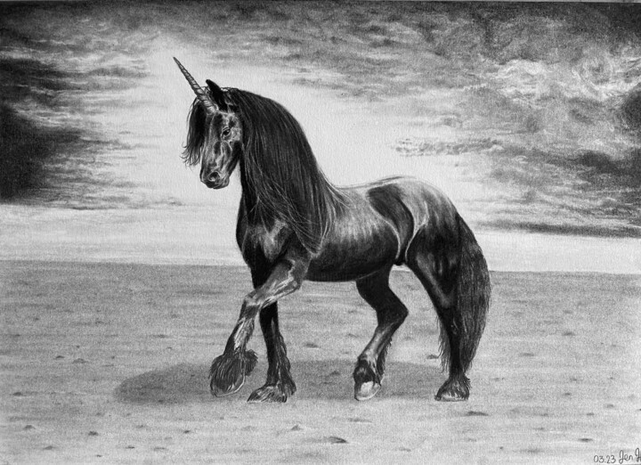 Drawing titled "Licorne" by Jendrw, Original Artwork, Charcoal