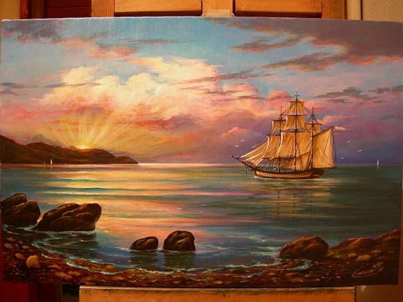 " Восход солнца на море " - Painting, 40x60 cm ©2007 by jenius -