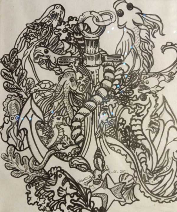 Drawing titled "Anchor under the sea" by Jenksie, Original Artwork, Marker