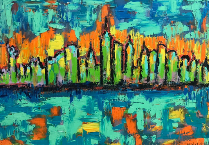 Painting titled "NYC SKYLINE" by Jenna Cook, Original Artwork, Oil
