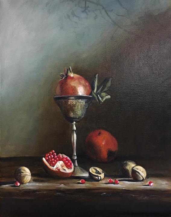 Painting titled "Still life with pom…" by Jennie Smallenbroek, Original Artwork, Oil
