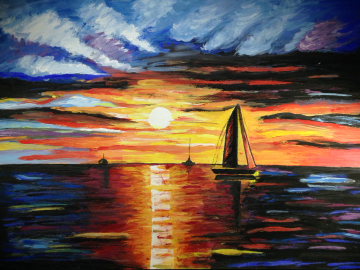 Painting titled "Saliing on the ocean" by Jennifer Stefan, Original Artwork, Tempera