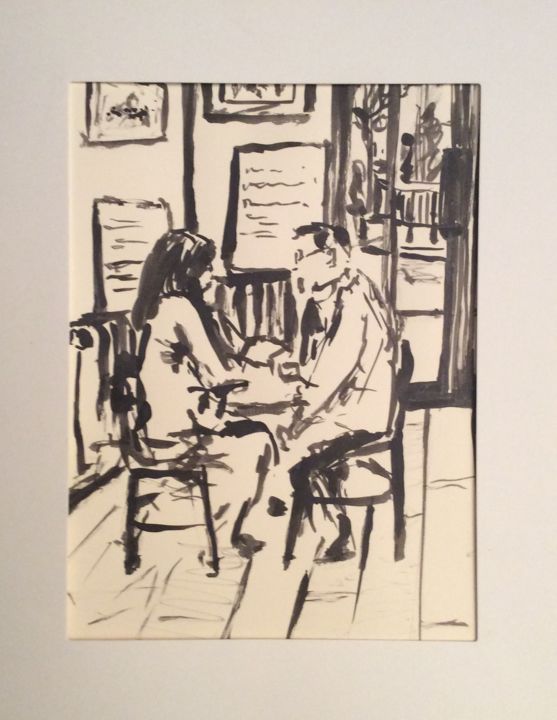 Dessin intitulée "Au café" par Jenny Darrot, Œuvre d'art originale, Encre