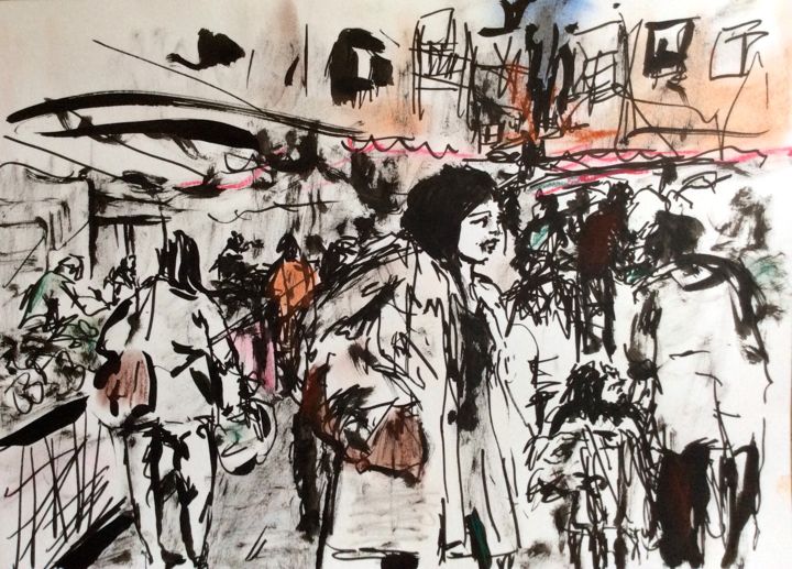 Dessin intitulée "Jour de marché" par Jenny Darrot, Œuvre d'art originale, Encre