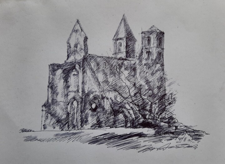 Drawing titled "Templom" by Jenő Dienes, Original Artwork, Ballpoint pen