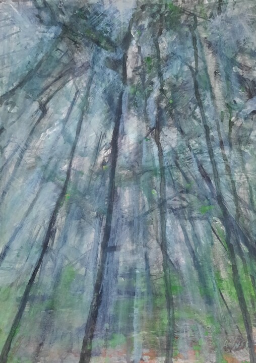 Картина под названием "Erdei köd" - Jenő Dienes, Подлинное произведение искусства, Акрил Установлен на Деревянная рама для н…