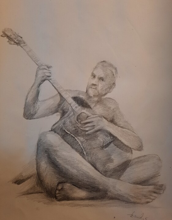 Drawing titled "Guitarist" by Jenő Dienes, Original Artwork, Graphite
