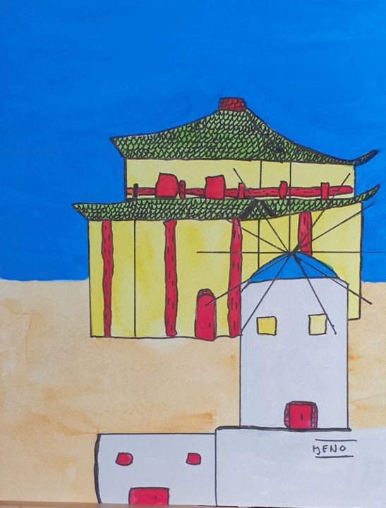 Schilderij getiteld "La Chine et la Grèce" door Jean-Eric Noël (Jeno), Origineel Kunstwerk, Aquarel