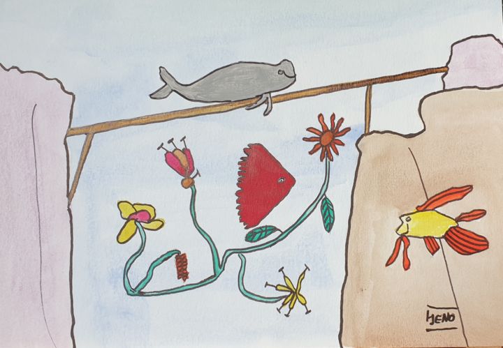 Peinture intitulée "Otarie sur le pont" par Jean-Eric Noël (Jeno), Œuvre d'art originale, Aquarelle
