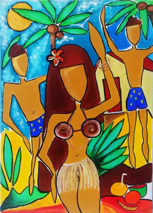 Painting titled "Tiki plage" by Jenyfair, Original Artwork, Acrylic Mounted on Wood Stretcher frame