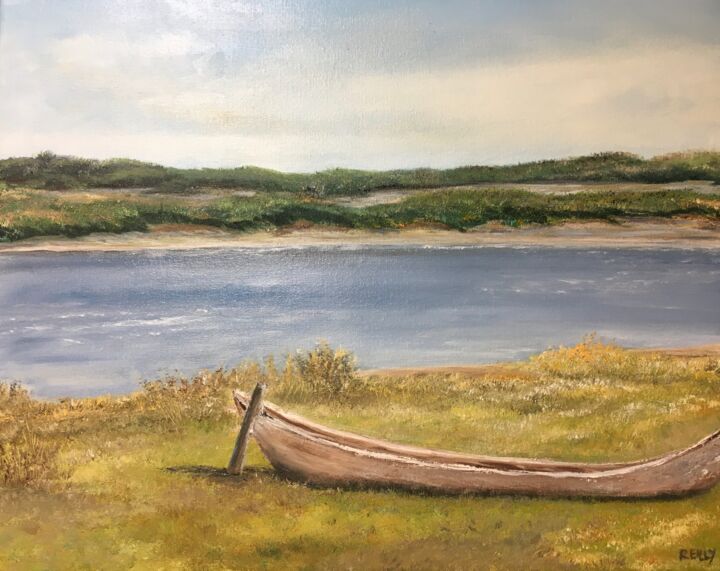 Painting titled "Canoe on grass" by Joan Reilly, Original Artwork, Oil Mounted on Wood Stretcher frame