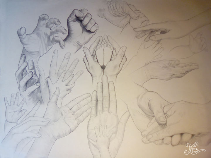 Dessin intitulée "Les Mains Conteuses" par Jérémie Cauchard, Œuvre d'art originale, Crayon