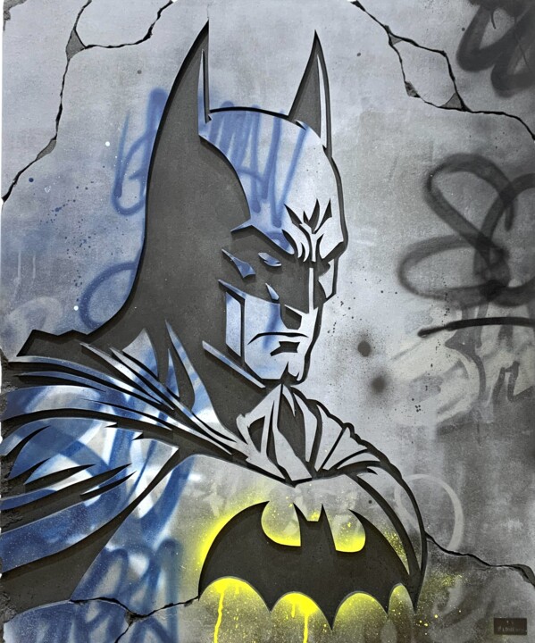 Schilderij getiteld "The Batman" door Jérémy Ferreira, Origineel Kunstwerk, Graffiti Gemonteerd op Houten paneel