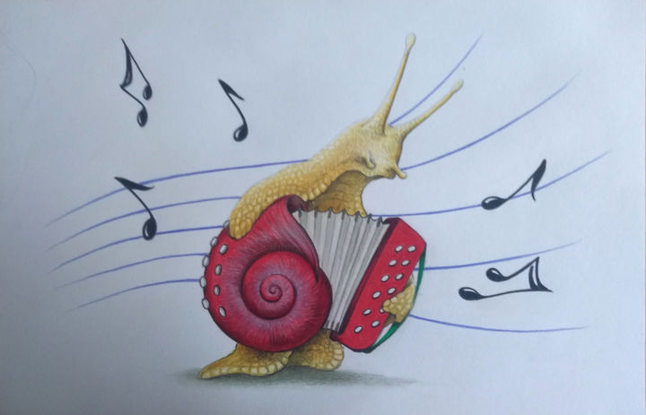 Dibujo titulada "Escargot accordéon" por Jérémy Piquet, Obra de arte original, Lápiz Montado en Cartulina