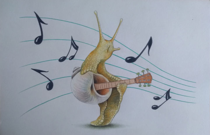 Zeichnungen mit dem Titel "Escargot guitare" von Jérémy Piquet, Original-Kunstwerk, Bleistift Auf Karton montiert