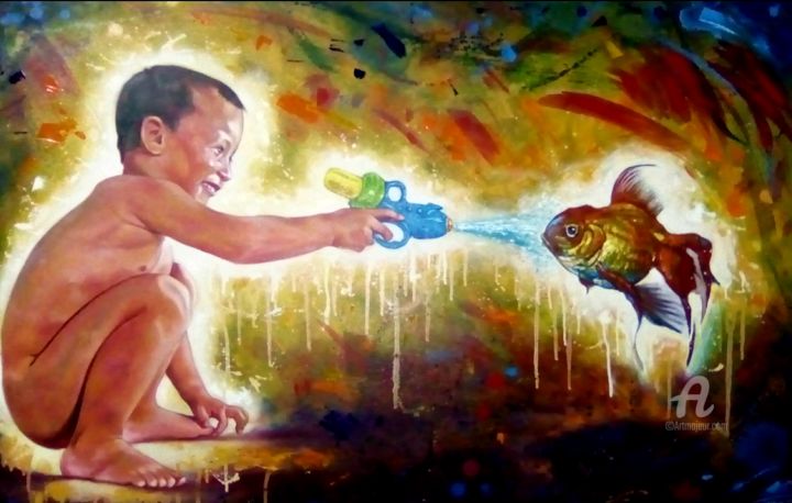 Peinture intitulée "Niño con pez" par José Carlos Jerez Tornés, Œuvre d'art originale, Huile