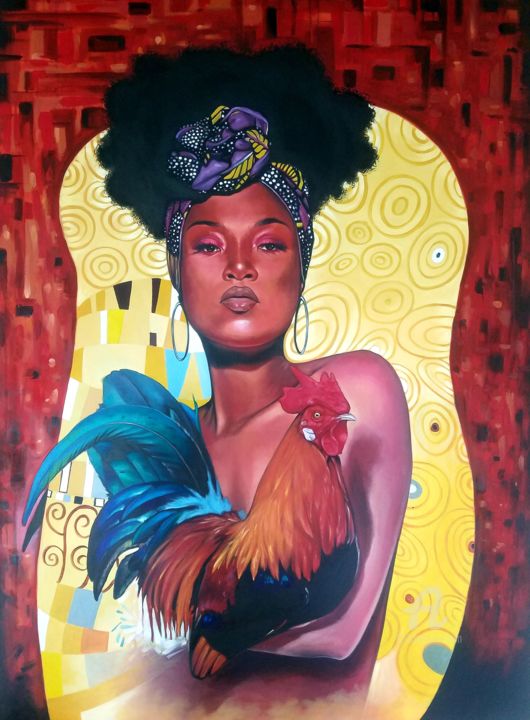 Peinture intitulée "mulatto with rooster" par José Carlos Jerez Tornés, Œuvre d'art originale, Huile
