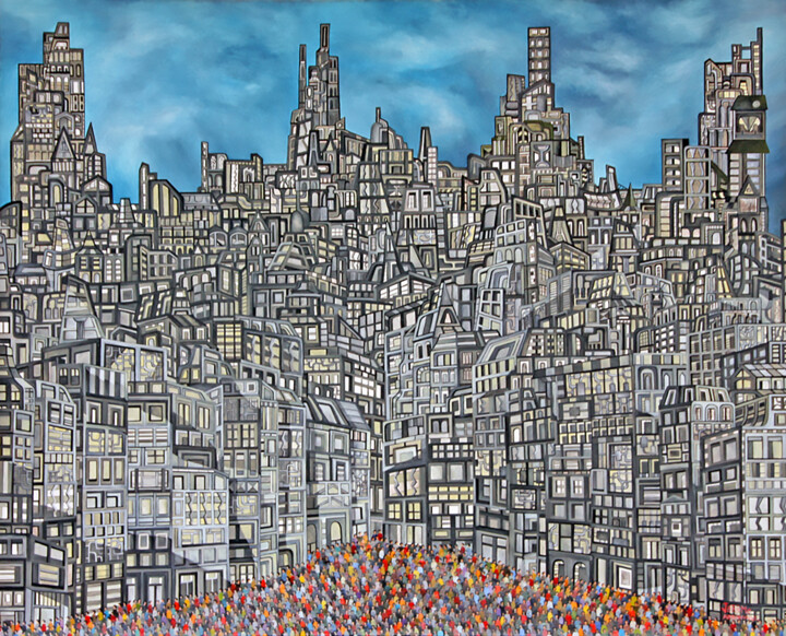 Painting titled "La ville" by Jérôme Arbonville, Original Artwork, Oil