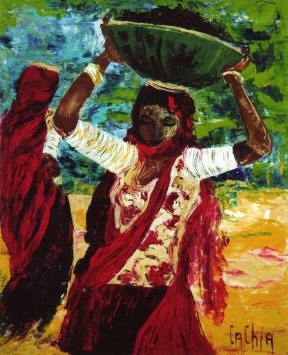 Peinture intitulée "FEMME DU RAJASTAN" par Jérôme Cachia, Œuvre d'art originale, Huile