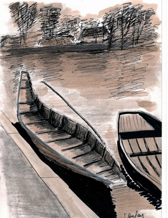 Drawing titled "barques-hortillon-e…" by Jérôme Dufay, Original Artwork, Ink