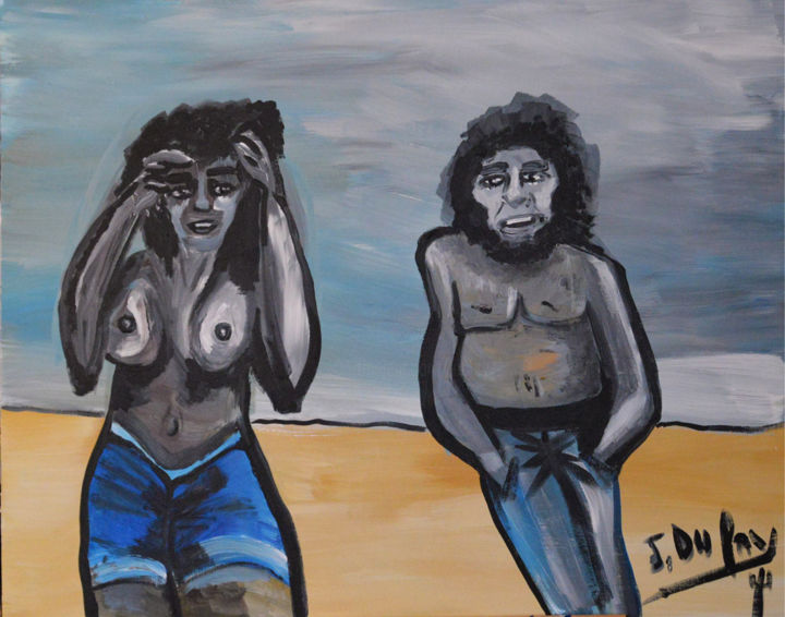 「A la plage - Topless」というタイトルの絵画 Jérôme Dufayによって, オリジナルのアートワーク, アクリル