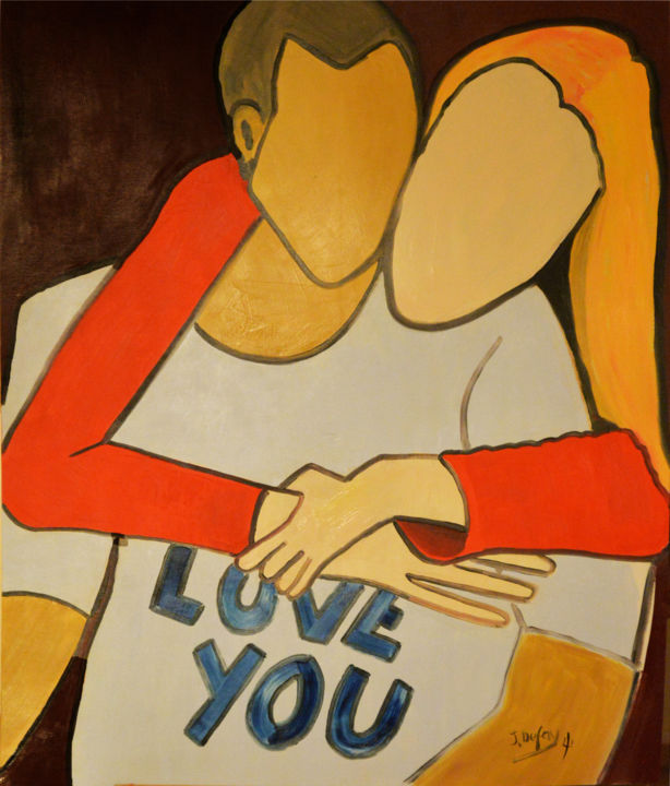 Painting titled "Je t'aime" by Jérôme Dufay, Original Artwork, Oil Mounted on Wood Stretcher frame