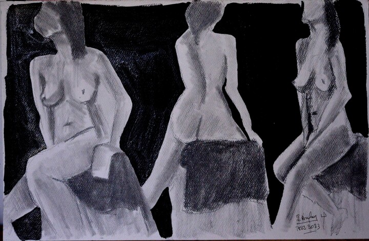 Drawing titled "LES TROIS SOEURS" by Jérôme Dufay, Original Artwork, Ink Mounted on Cardboard