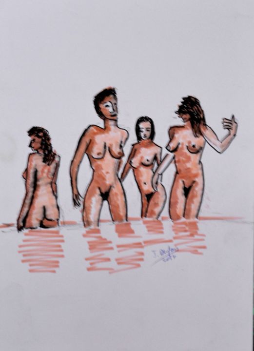 Dessin intitulée "baigneuses-dsc-9449…" par Jérôme Dufay, Œuvre d'art originale, Encre