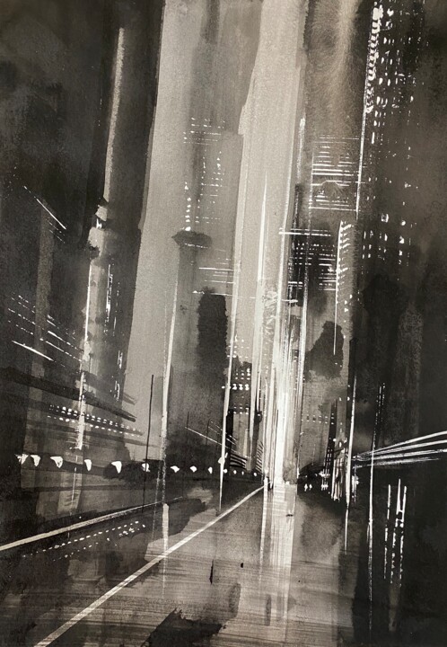 Dessin intitulée "Manhattan lights" par Jerome Guillet, Œuvre d'art originale, Encre