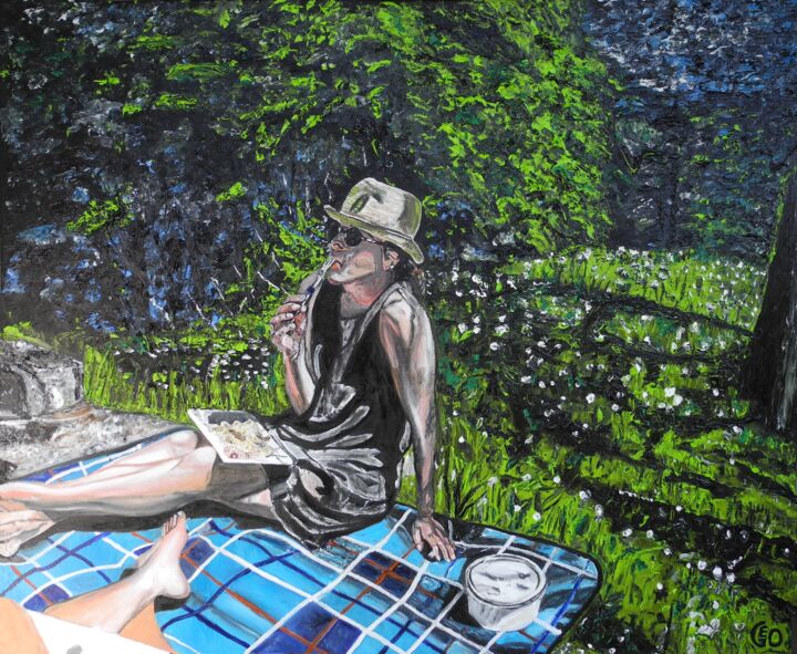 Peinture intitulée "La fille sur l'herbe" par Jerome Labrunerie (GEO), Œuvre d'art originale, Huile Monté sur Châssis en bois