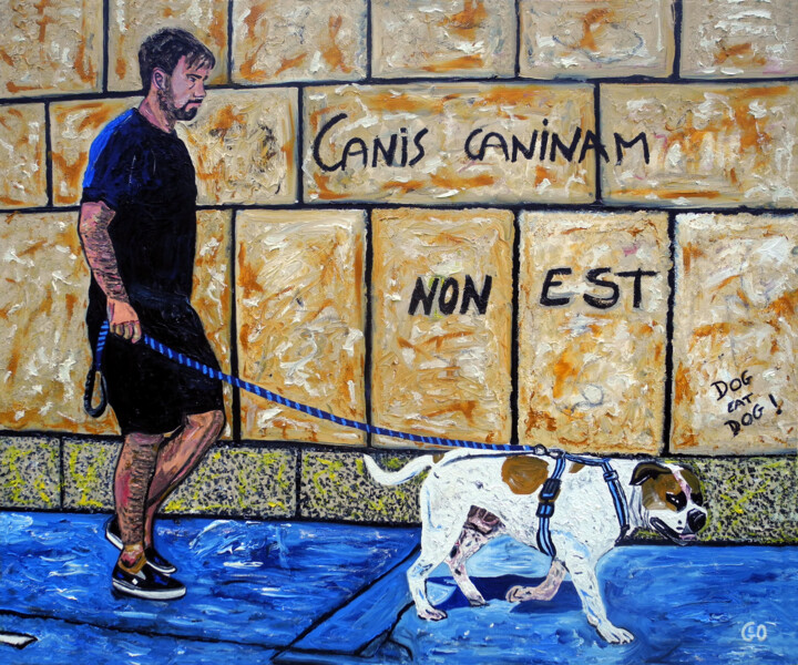 Painting titled "Dog eat dog. Paris." by Jerome Labrunerie (GEO), Original Artwork, Oil Mounted on Wood Stretcher frame