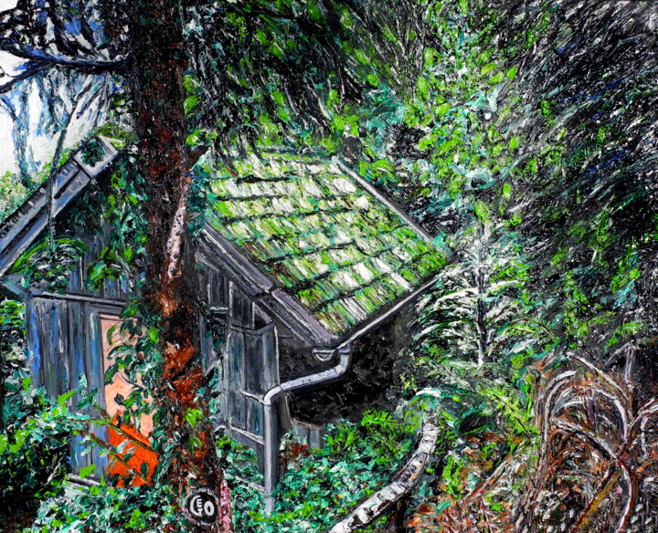 Painting titled "Cabane à Traunkirch…" by Jerome Labrunerie (GEO), Original Artwork, Oil Mounted on Wood Stretcher frame