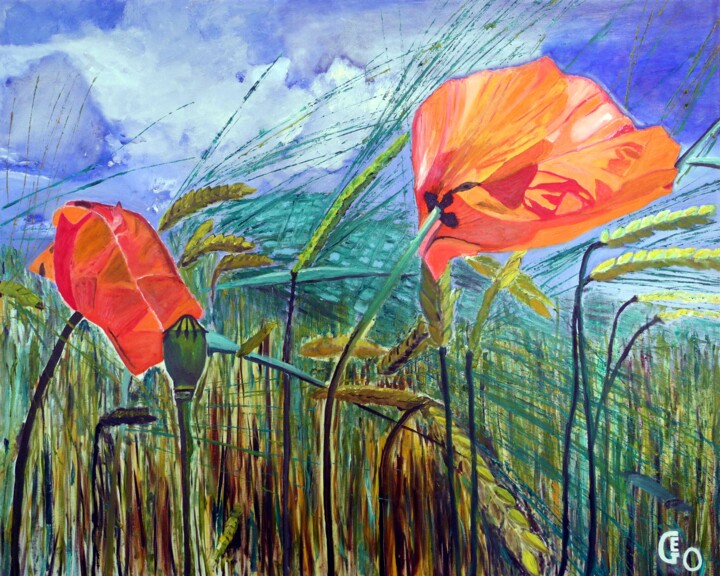 Painting titled "Coquelicots" by Jerome Labrunerie (GEO), Original Artwork, Oil Mounted on Wood Stretcher frame