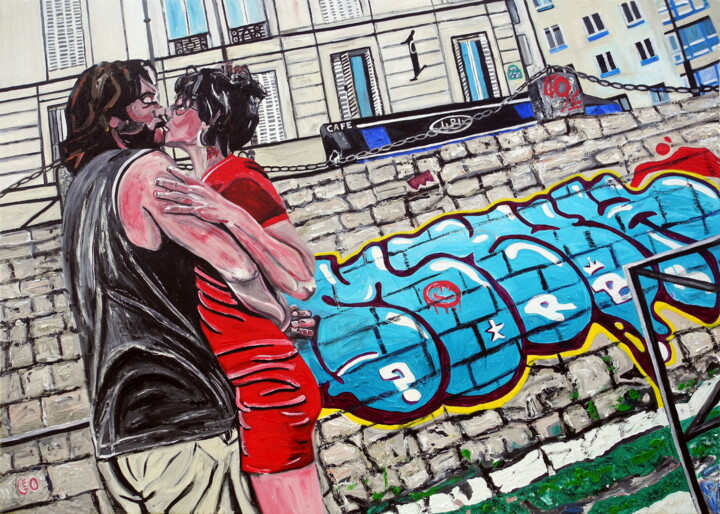 Painting titled "Le Baiser-French Ki…" by Jerome Labrunerie (GEO), Original Artwork, Oil Mounted on Wood Stretcher frame