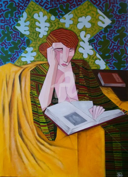 Painting titled "La lectrice" by Gg ( Gégé), Original Artwork