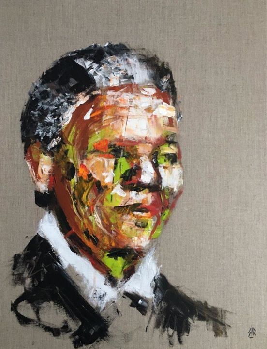 Painting titled "Nelson Mandela." by Jérôme Royer, Original Artwork, Acrylic Mounted on Wood Stretcher frame