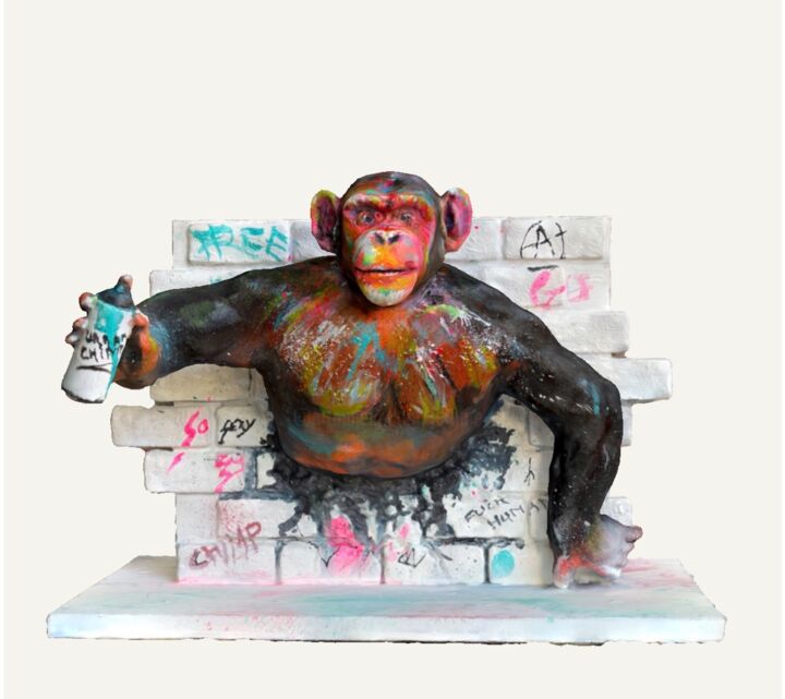 Sculpture titled "Graffeur monkey" by Jérôme Royer, Original Artwork, 3D Modeling