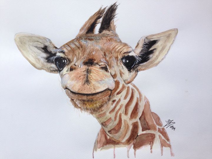 Peinture intitulée "Smiling baby giraffe" par Jérôme Royer, Œuvre d'art originale, Aquarelle